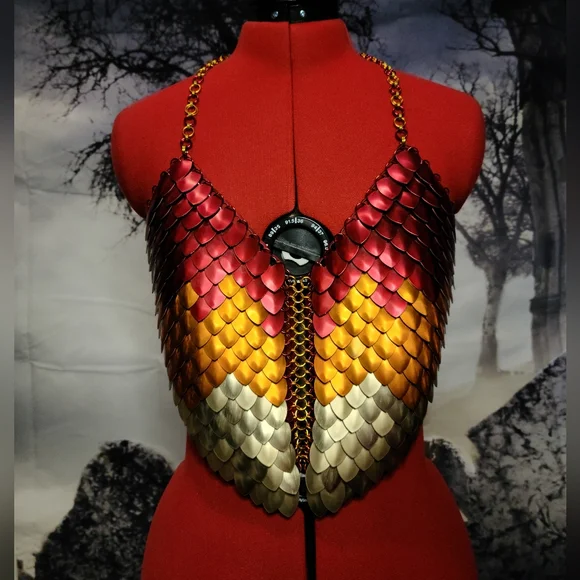 Dolls kill burn festival rave club scalemail red orange gold halter top S-XL